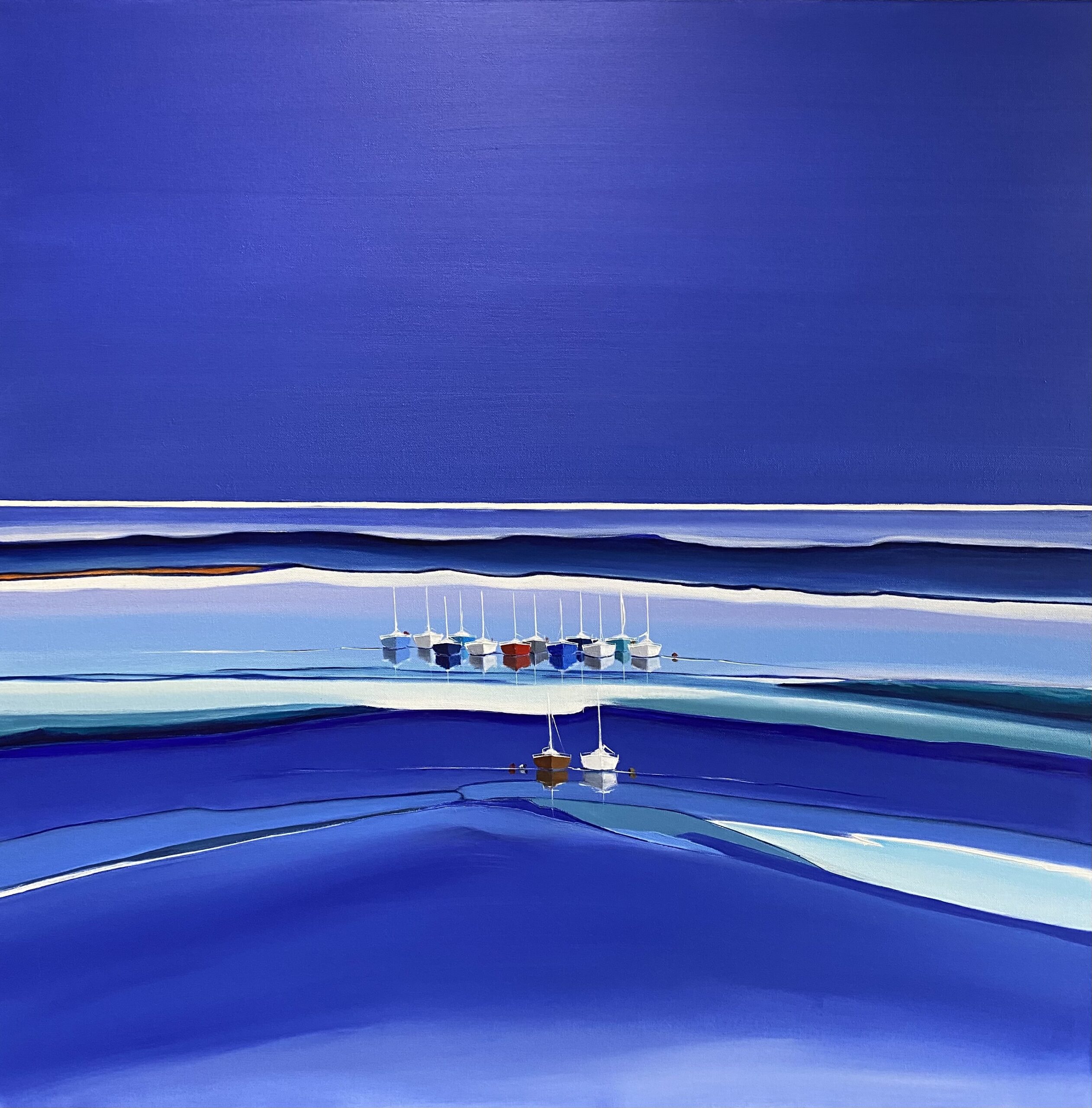 Explorez cette superbe peinture à l'huile exposée à la galerie de Michèle Mauguen à Pont-Aven, en plein cœur du Finistère en Bretagne. L'œuvre capture la splendeur de la côte bretonne, mettant en scène un paisible port de plaisance et des bateaux, offrant une représentation artistique immersive de la beauté naturelle du Finistère.