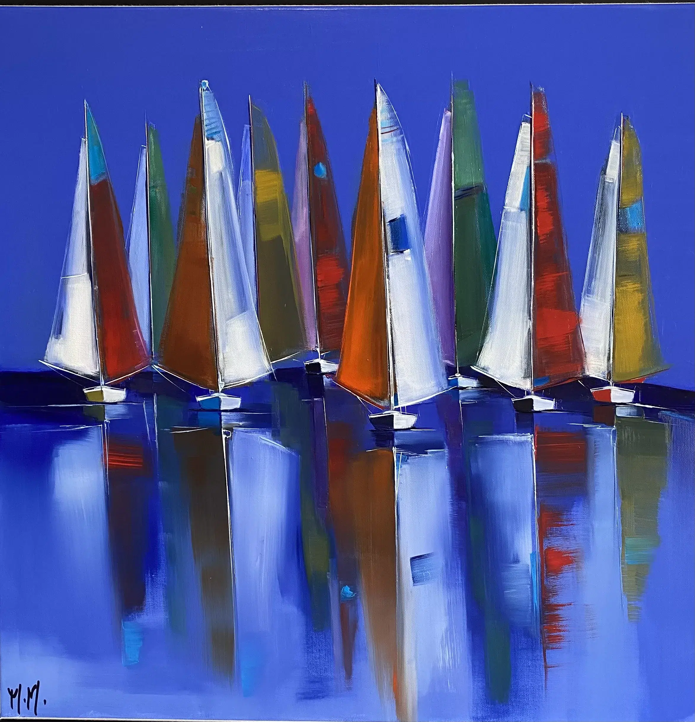 Explorez cette superbe peinture à l'huile exposée à la galerie de Michèle Mauguen à Pont-Aven, en plein cœur du Finistère en Bretagne. L'œuvre capture la splendeur de la côte bretonne, mettant en scène un paisible port de plaisance et des bateaux, offrant une représentation artistique immersive de la beauté naturelle du Finistère.